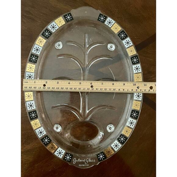 VINTAGE MCM Inland Glass ATOMIC STAR GLASS OVAL PLATTER - 1950s Black White Gold - Picture 4 of 6